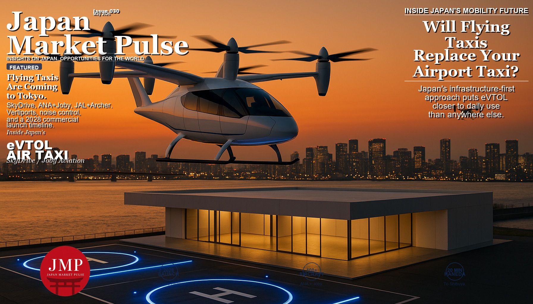 eVTOL aircraft approaching a vertiport in Japan with urban skyline in background