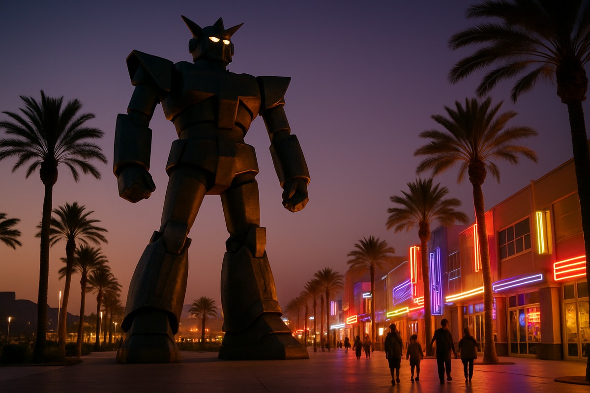 Colossal original giant-robot statue over a desert-city entertainment boulevard at night