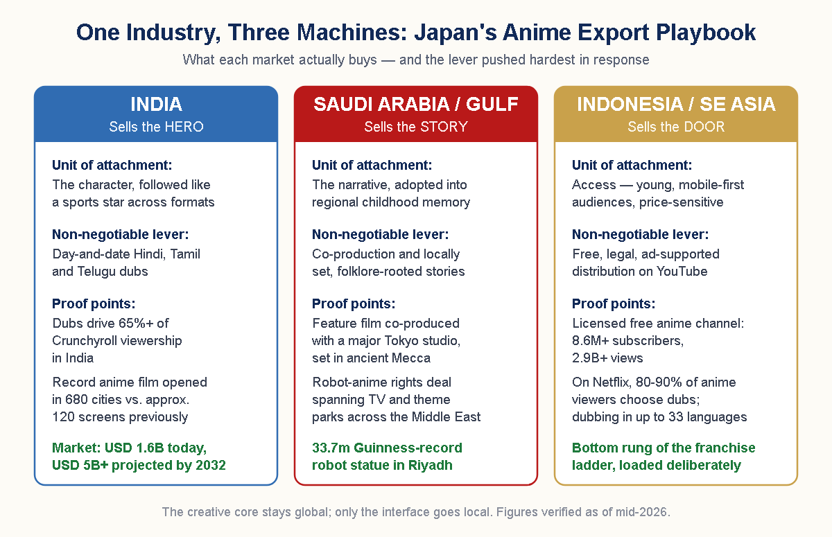 SVG comparison: three-column regional playbook — India (Hero), Saudi/Gulf (Story), Indonesia/SEA (Door)