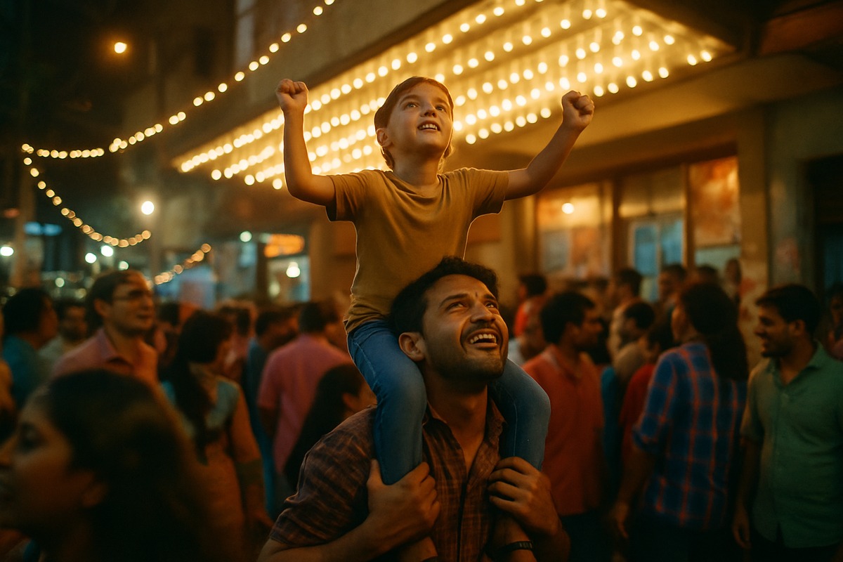 father lifting his son in a hero pose amid an excited night crowd outside an Indian cinema