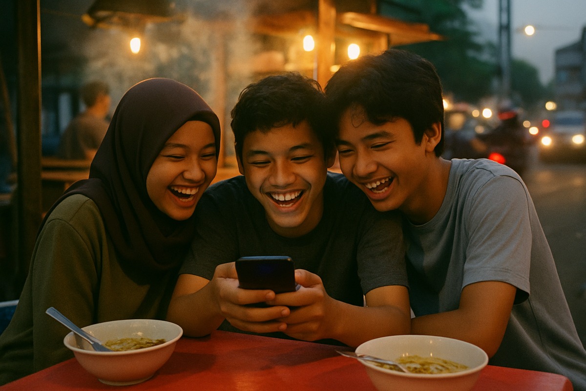 three Indonesian teenagers laughing around one glowing smartphone at a Jakarta street-food stall at dusk