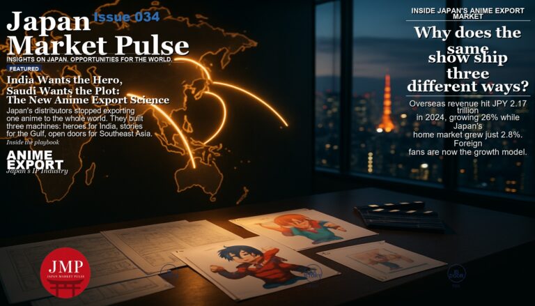 Tokyo licensing office at dusk: illuminated world map with glowing export routes from Japan to India, the Gulf, and Southeast Asia; storyboards and animation cels in the foreground.
