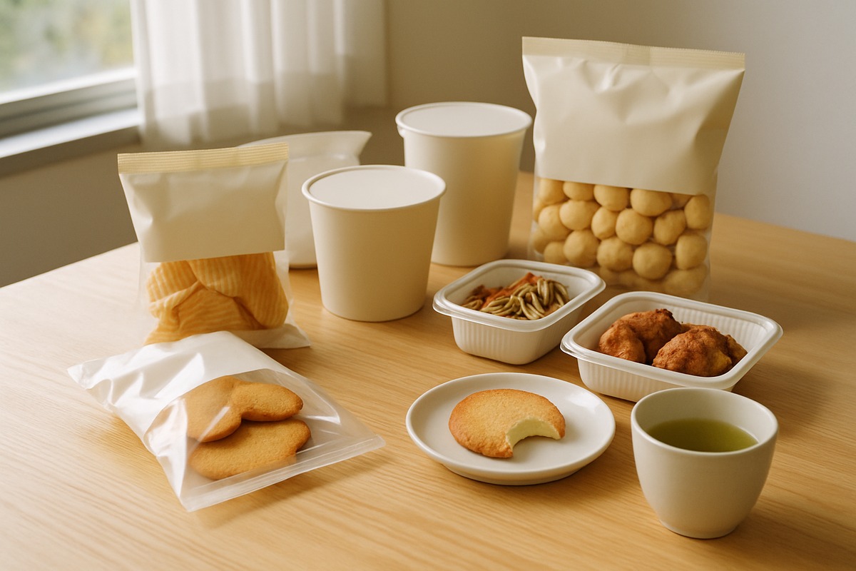 Generic private-brand snack packages and prepared-food containers on a wooden table, one opened with a single bite taken, green tea beside it