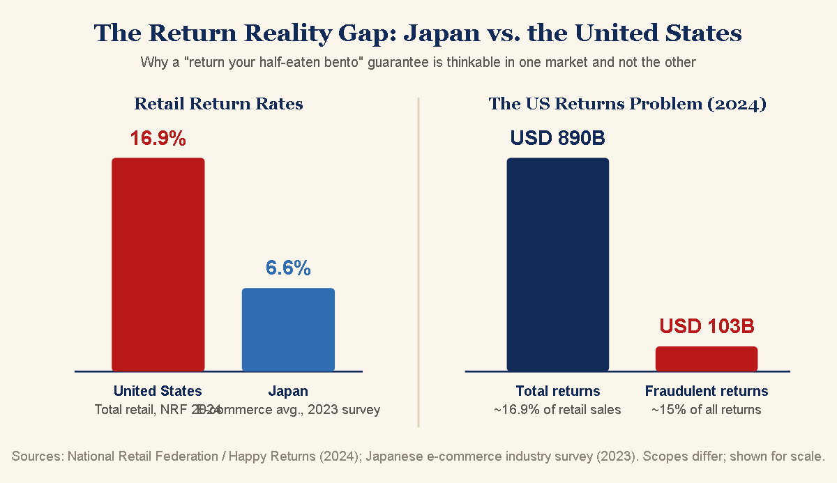 return rates US 16.9% (NRF 2024) vs Japan e-commerce 6.6% (2023), plus US 2024 returns USD 890B vs fraudulent returns USD 103B