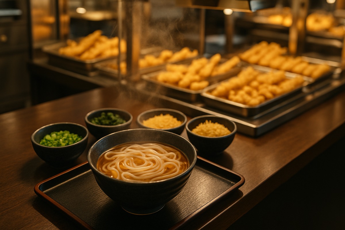 Self-serve udon station in a modern Japanese supermarket food hall: steaming bowl of udon, free topping bowls, tempura display behind