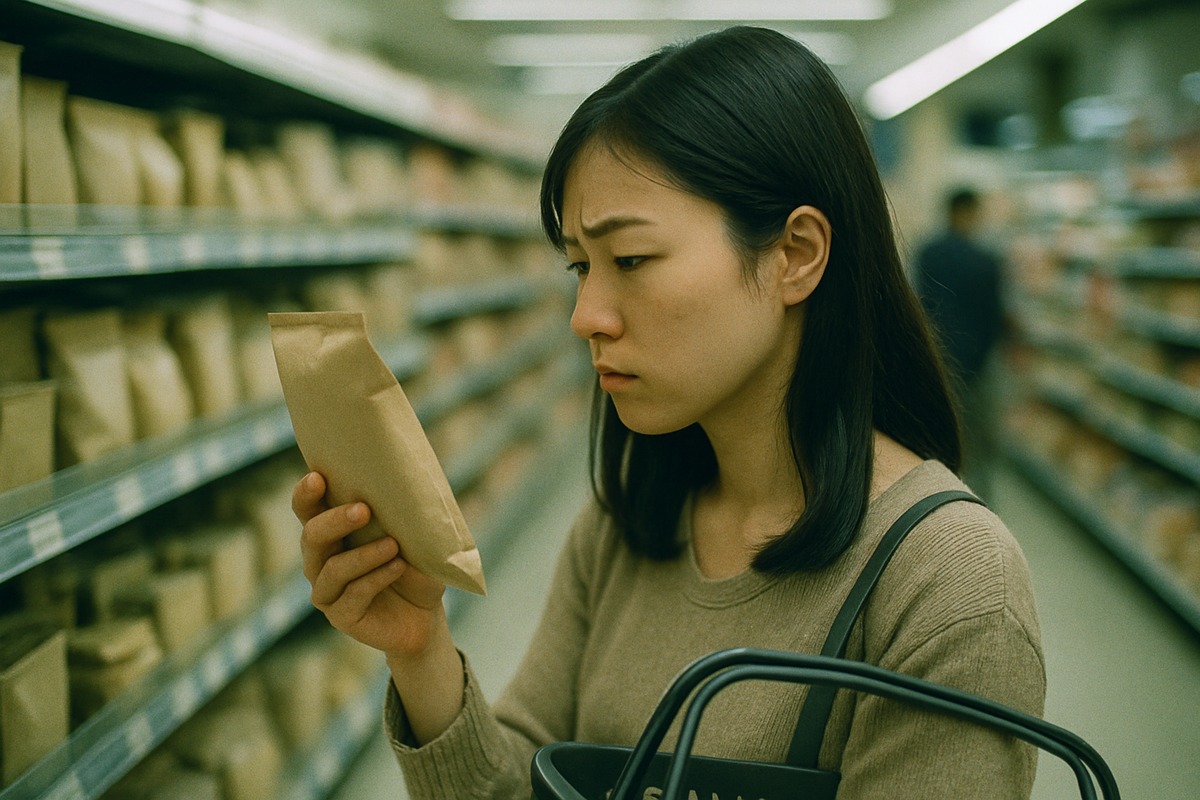 young woman in a supermarket aisle examining an unfamiliar snack with genuine curiosity and doubt