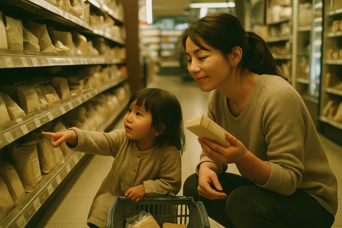 mother crouching with her small daughter in a supermarket aisle, checking a plain package, tired smile