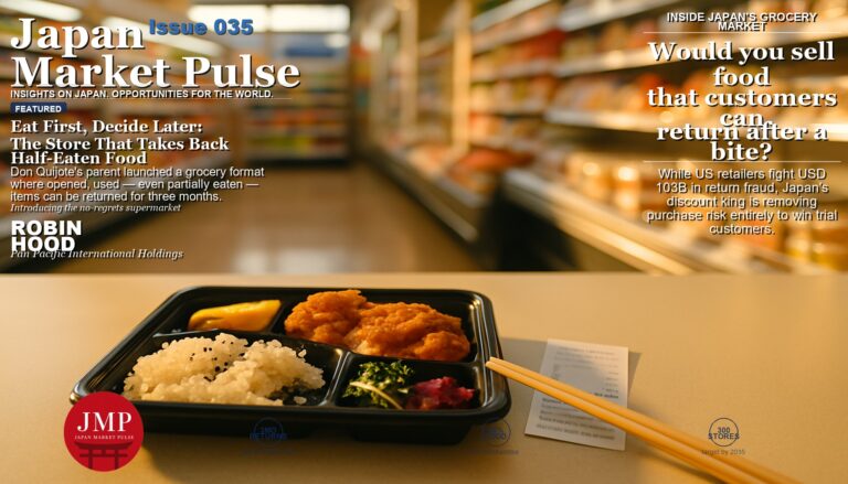Japanese discount supermarket food section, bento box with one bite eaten and receipt beside it, deli cases in soft-focus background