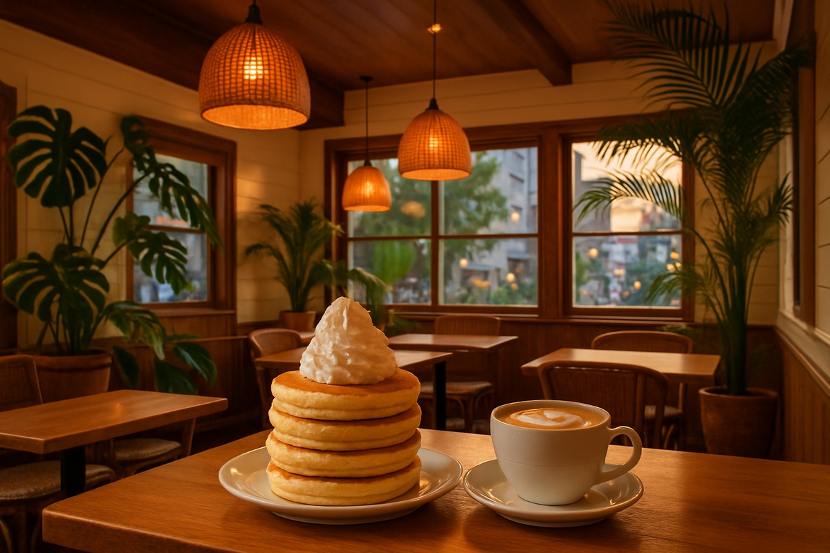 Hawaiian-resort-style café interior in Japan: rattan lamps, tropical plants, pancake stack and latte in foreground, sunset-toned light