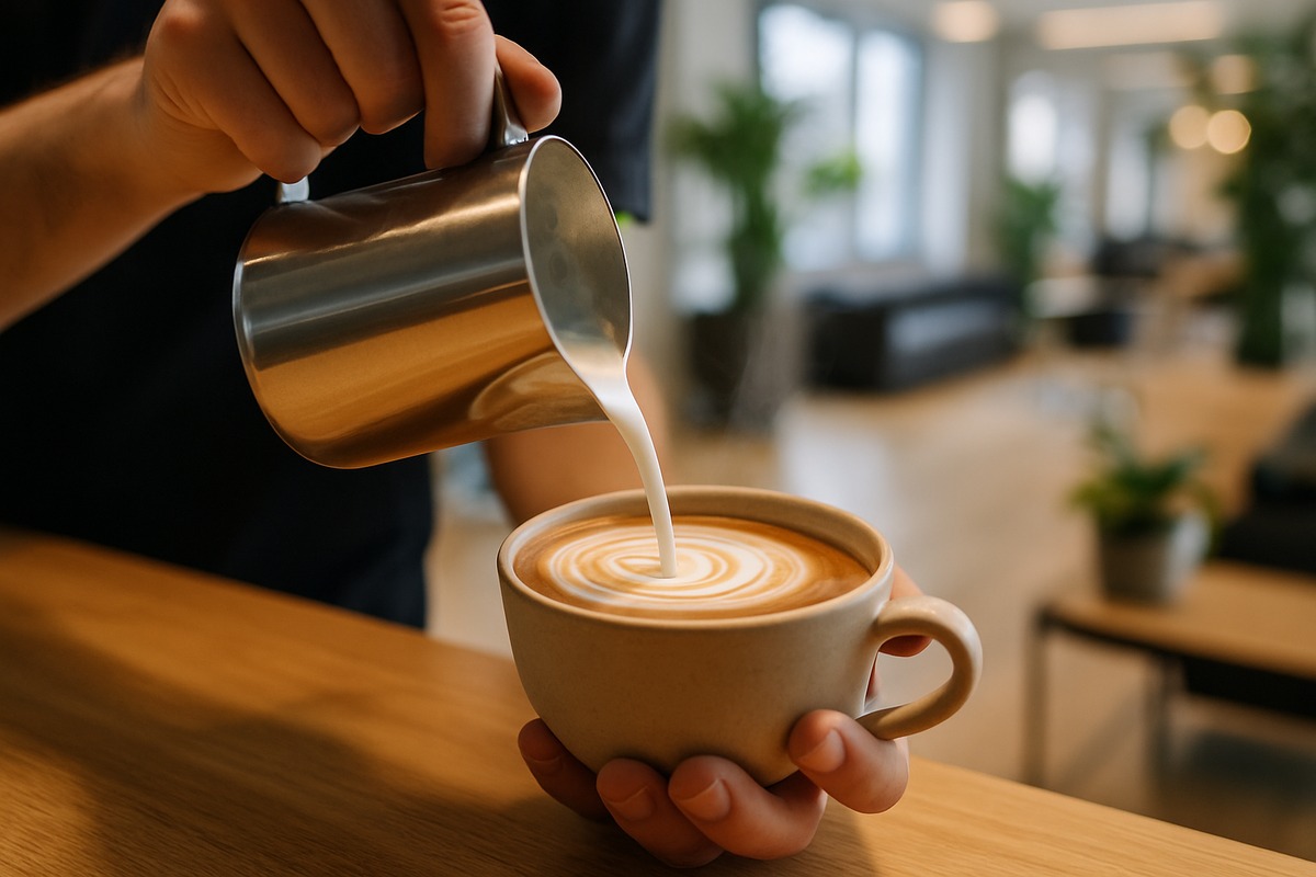 Close-up of barista hands pouring latte art on an office café counter, blurred bright workplace lounge background
