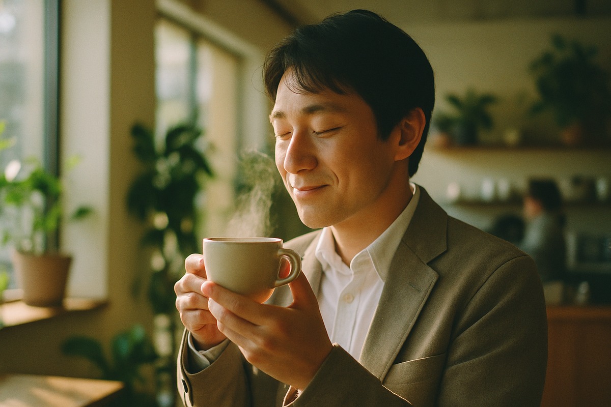 office worker pausing in the café lounge, eyes closed, inhaling steam from a fresh coffee in morning light