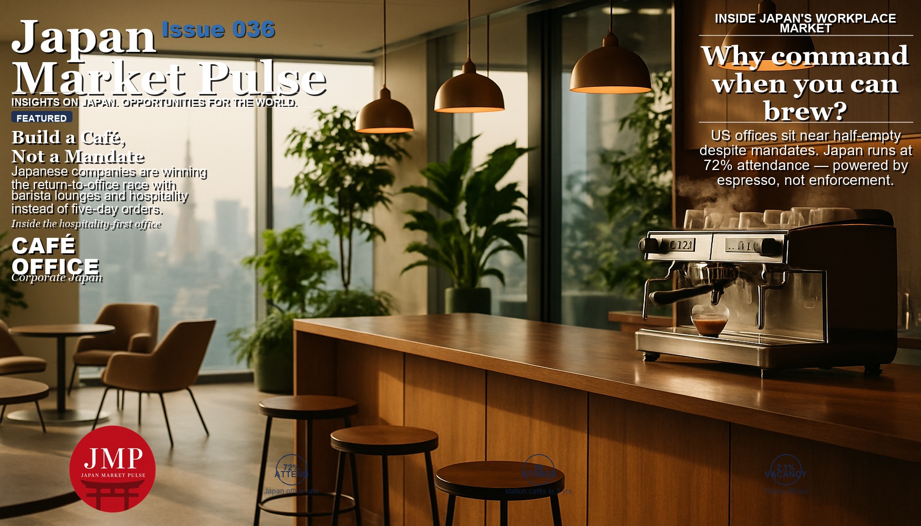 In-office café lounge inside a modern Tokyo headquarters: wooden barista counter, chrome espresso machine, warm pendant lights, plants, skyline through windows. Left third clean for overlay text.