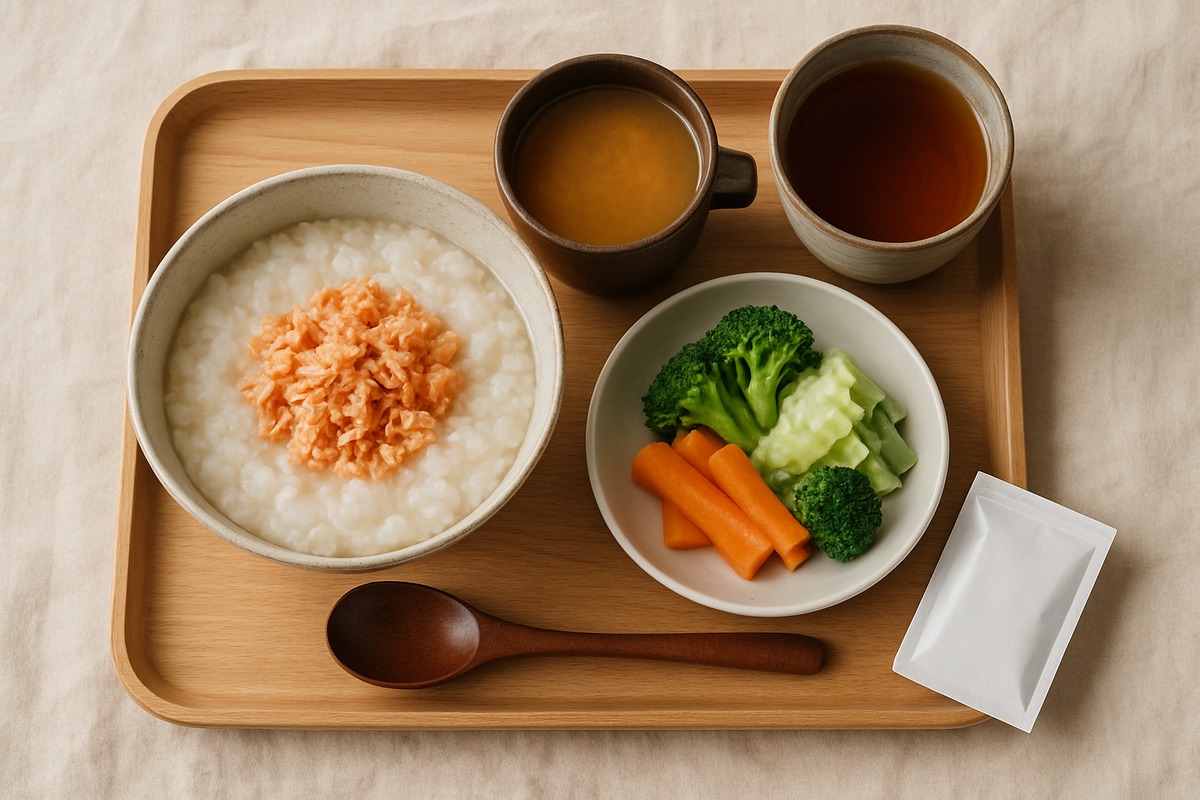 Top-down editorial food photo of a Japanese postpartum recovery meal set: rice porridge, ginger soup, steamed vegetables, grain tea, supplement sachet on a wooden tray