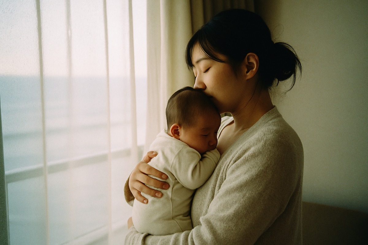 young mother holding her newborn against her shoulder by a glowing hotel window, seen from behind, quiet exhausted tenderness