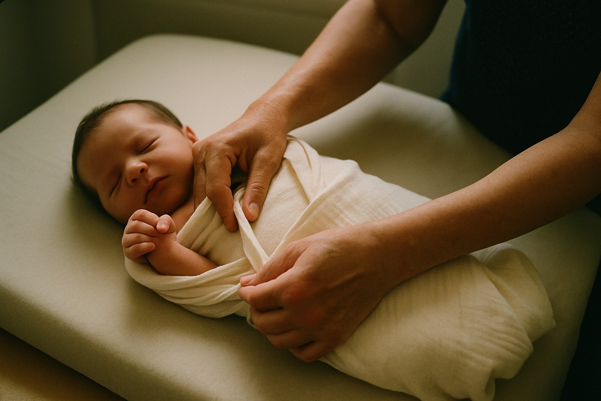 midwife's experienced hands swaddling a sleeping newborn, the baby's hand curled around her finger
