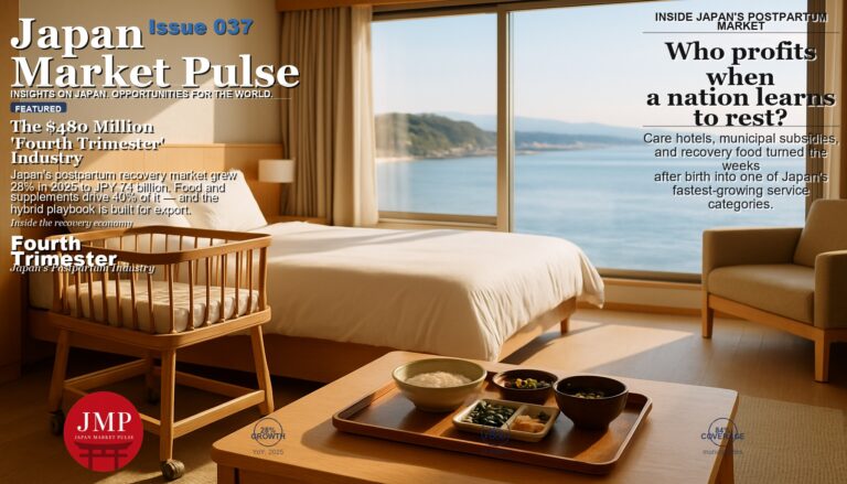 Serene Japanese postpartum care hotel suite by the ocean: sunlit room, wooden bassinet, recovery meal tray, Shonan coastline through the window. Magazine editorial style.
