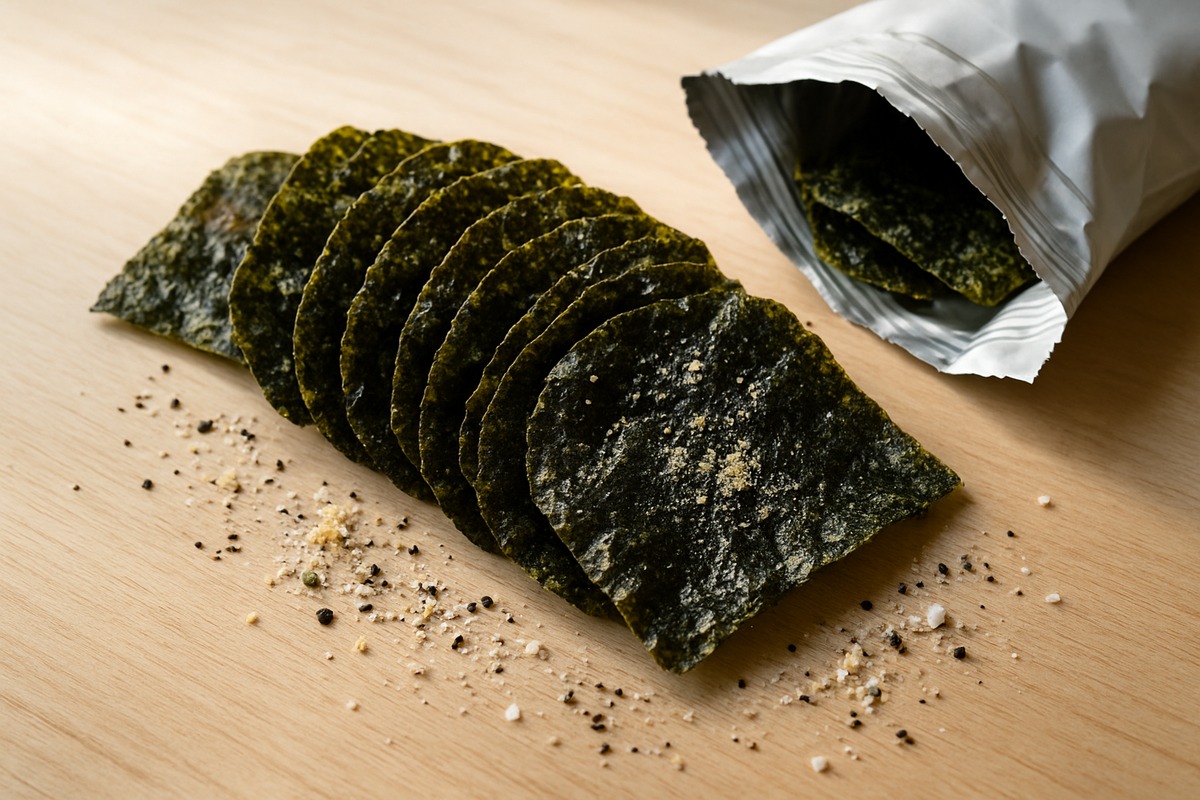 Flat-lay of crispy roasted seaweed snack sheets styled like premium chips with cheese powder, black pepper and sea salt, editorial food photography