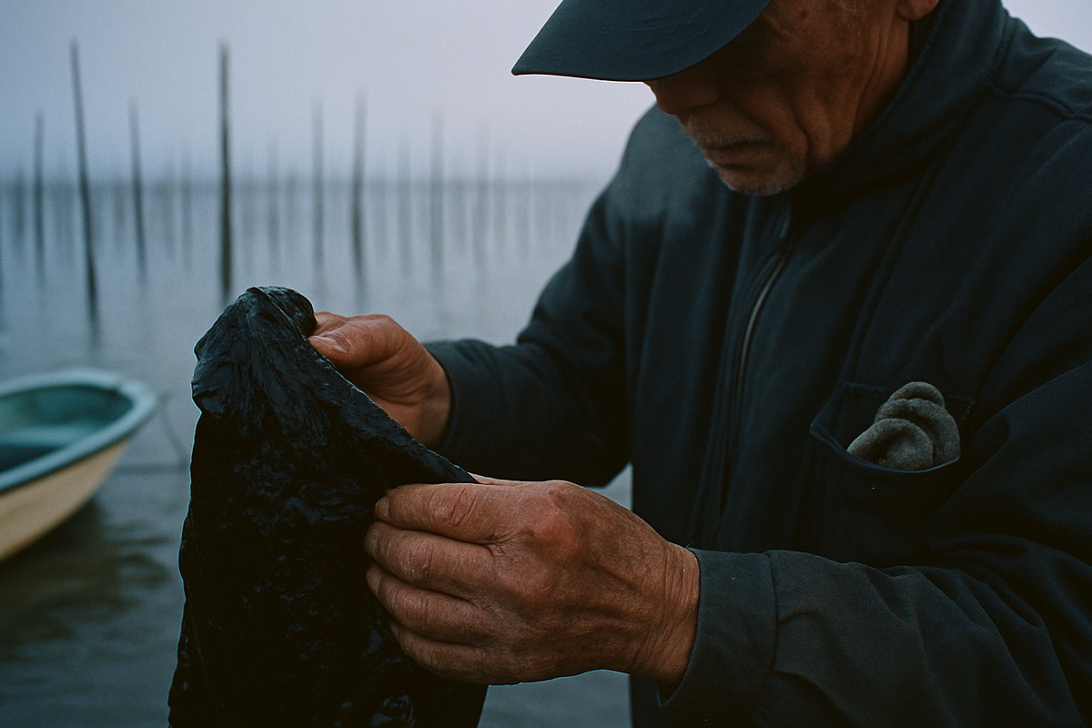 weathered hands of an elderly nori farmer inspecting freshly harvested seaweed at dawn, cultivation poles in misty bay water behind