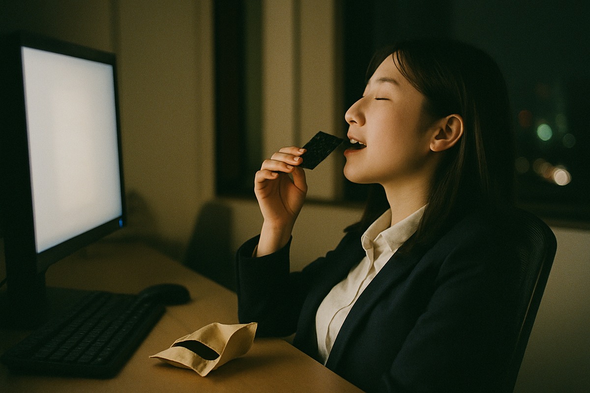 young office worker enjoying a crisp seaweed snack at her desk during overtime, lit by monitor glow