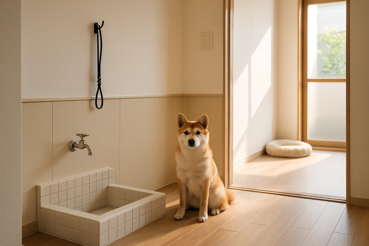 Entrance of a purpose-built pet-friendly Japanese rental unit: paw-washing station, leash hook, scratch-resistant lower wall panel with trim line, Shiba Inu sitting by the entrance