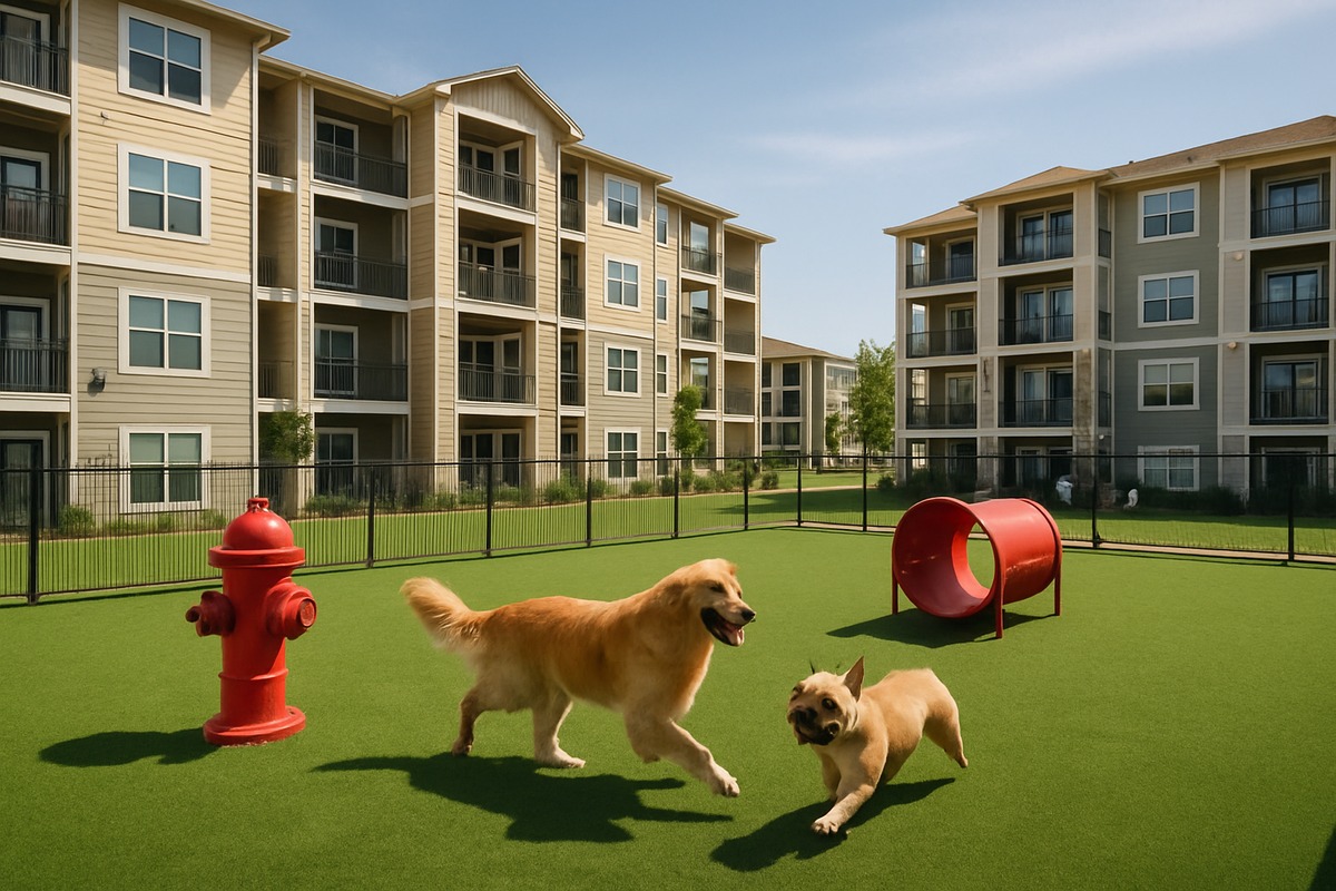 Fenced community dog park at a large modern American apartment complex, golden retriever and French bulldog playing, multifamily buildings in background