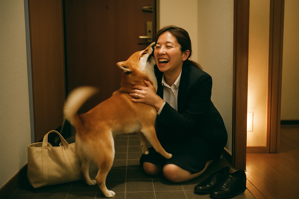 woman in office clothes kneeling in her apartment entryway embracing an ecstatic Shiba Inu, bag dropped, genuine laughing homecoming