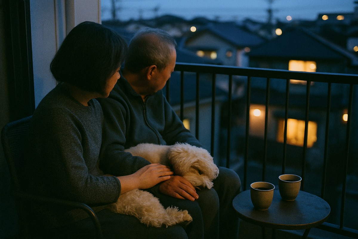 elderly couple on a small apartment balcony at blue hour, small dog asleep across their laps, quiet companionship