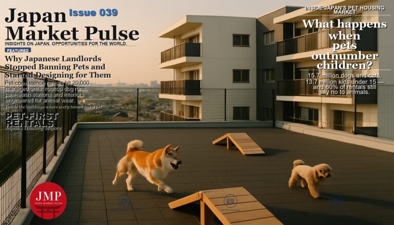 Rooftop dog run on a modern mid-rise Japanese rental apartment building at golden hour, Shiba Inu and toy poodle off-leash, Tokyo suburban skyline, editorial real-estate magazine style