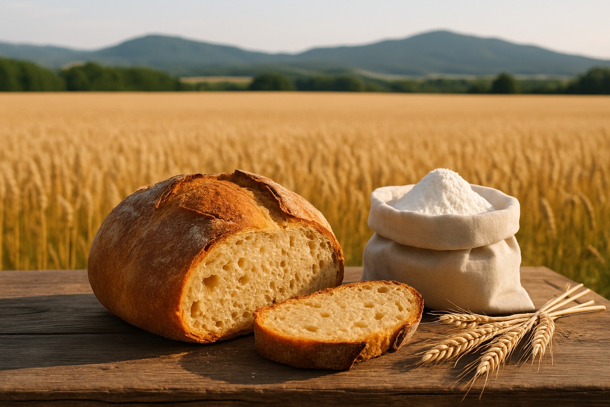 Artisan loaf with golden crumb and flour sack in foreground, Hokkaido golden wheat field in background