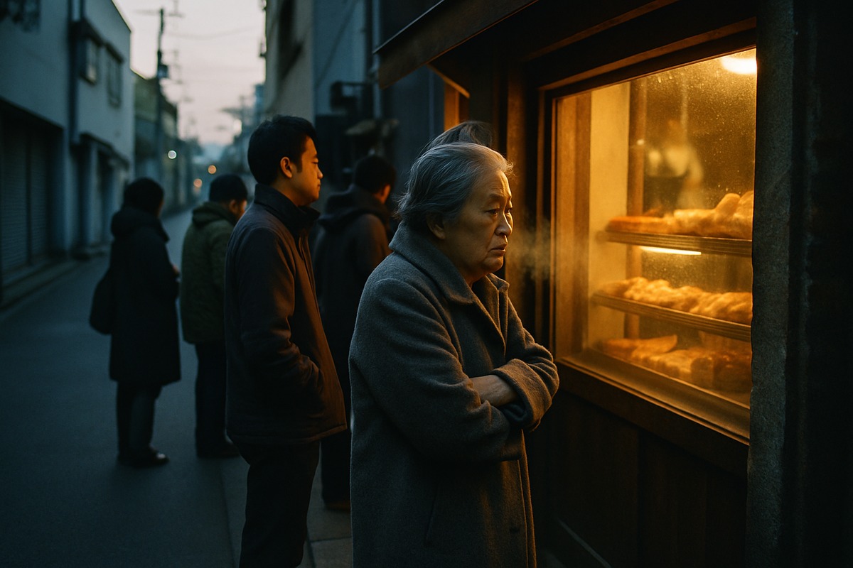 quiet dawn queue outside a small Tokyo bakery, breath visible in cold air, warm light spilling from the fogged window