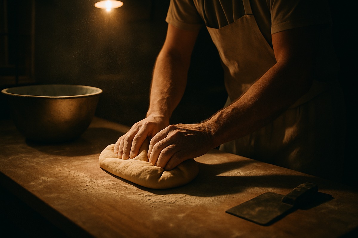 baker's flour-dusted hands folding dough in a dim pre-dawn kitchen under a single warm bulb