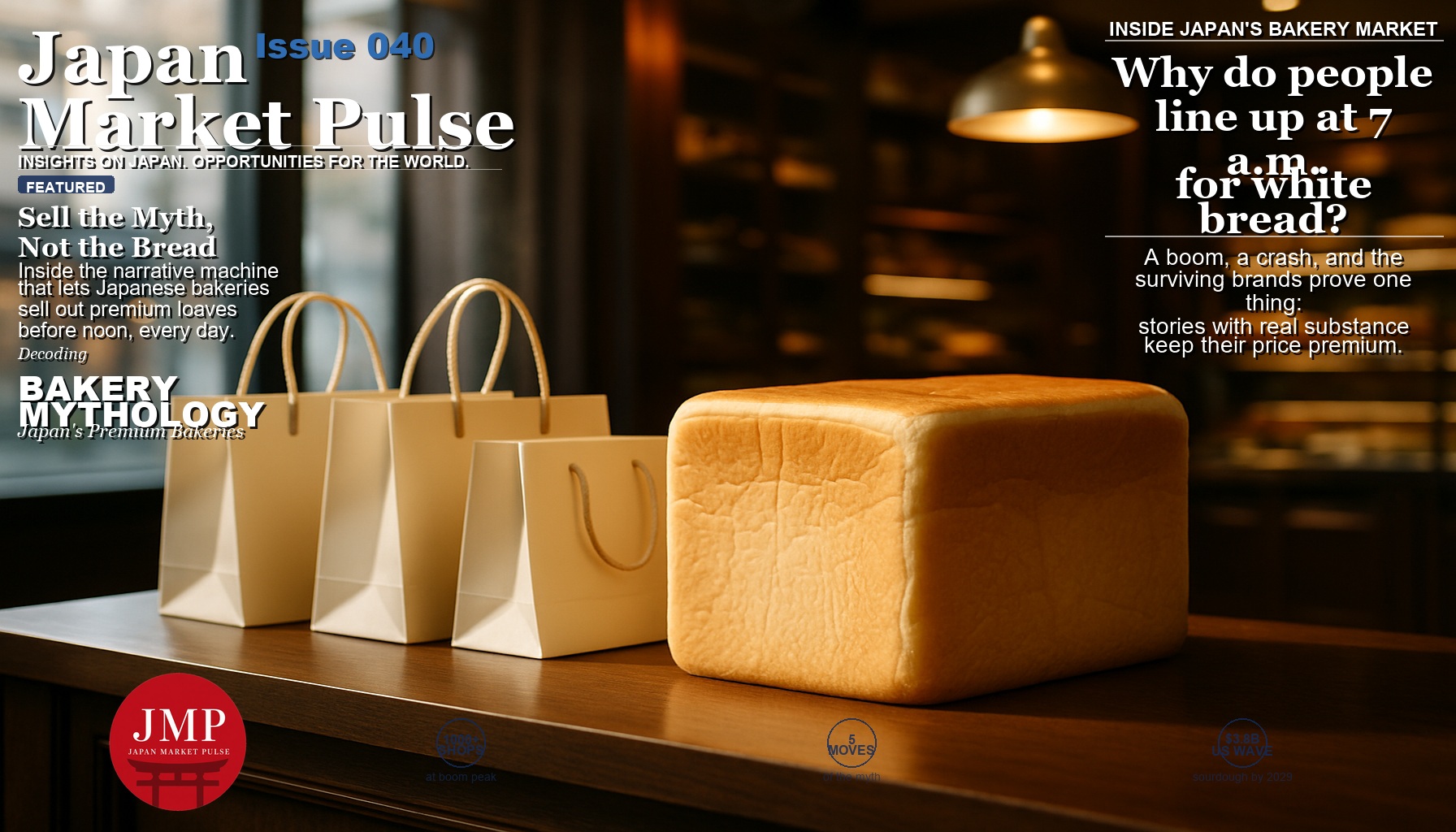 Premium Japanese shokupan loaf displayed like a luxury object in an upscale Tokyo specialty bakery at early morning, gift bags beside it