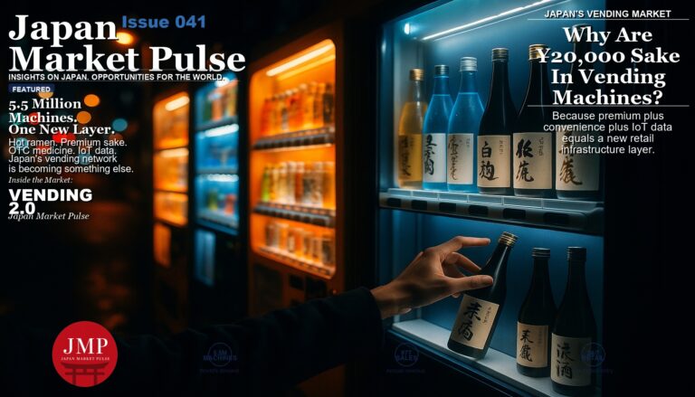 Illuminated Tokyo vending machines at night dispensing premium sake