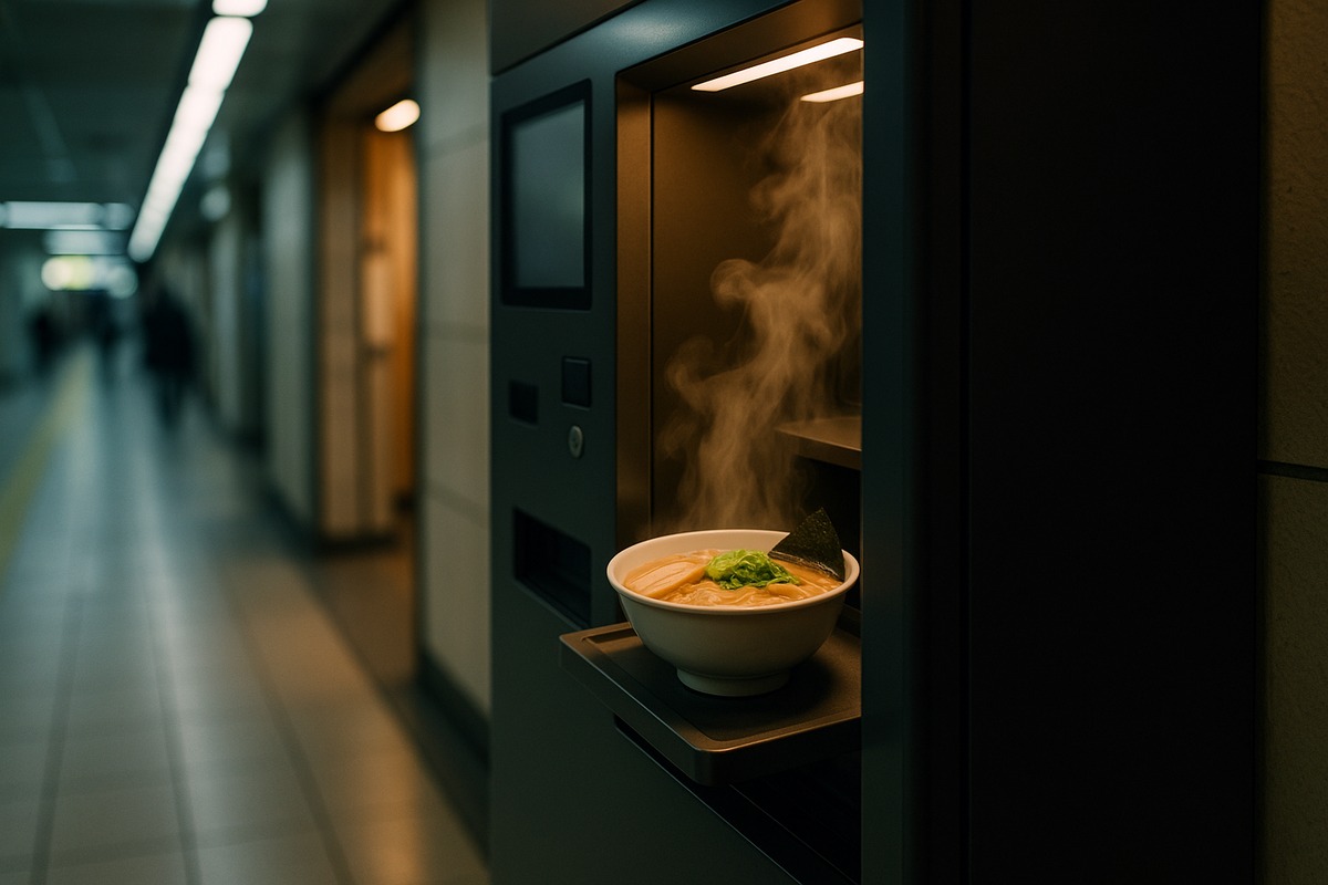 Hot ramen vending machine in a Tokyo commuter station. Japan's hot food vending market has grown from pandemic novelty to established category.