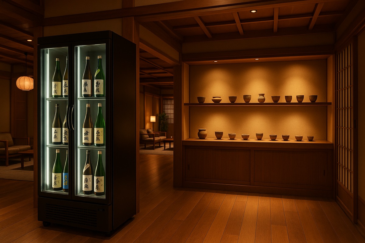 Premium sake vending machine in a Japanese ryokan lobby. High-end machines now dispense ¥20,000 bottles of local sake by the glass.