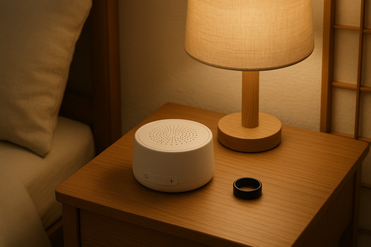 White noise device and sleep tracker on Japanese nightstand