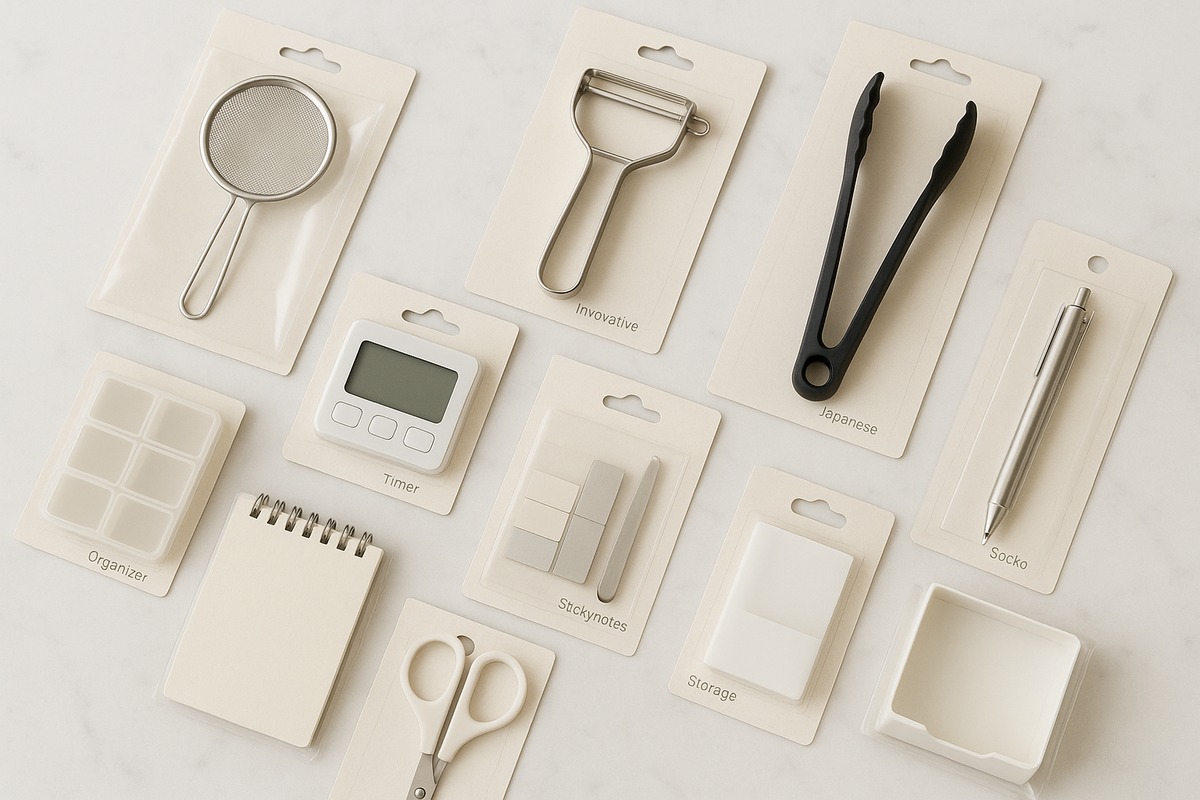 Flatlay of Daiso kitchen and storage products