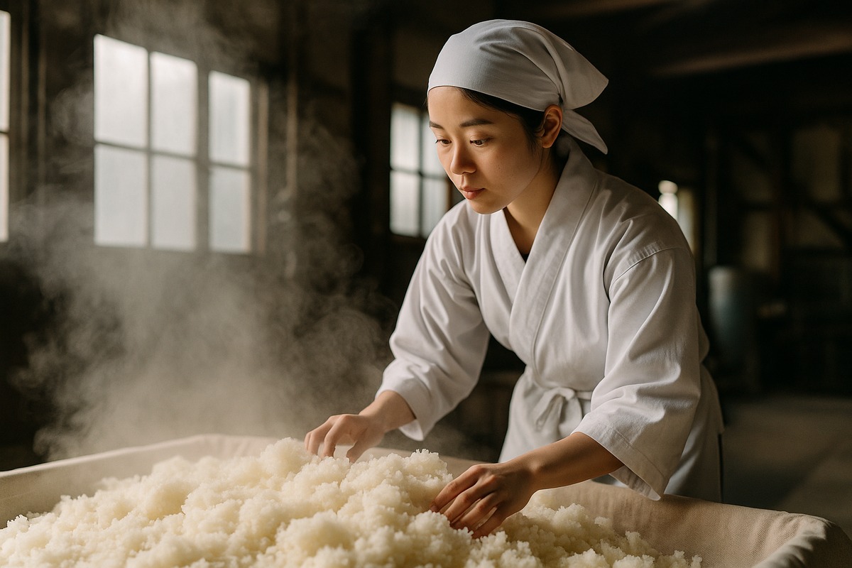 Young female sake brewer in traditional brewery