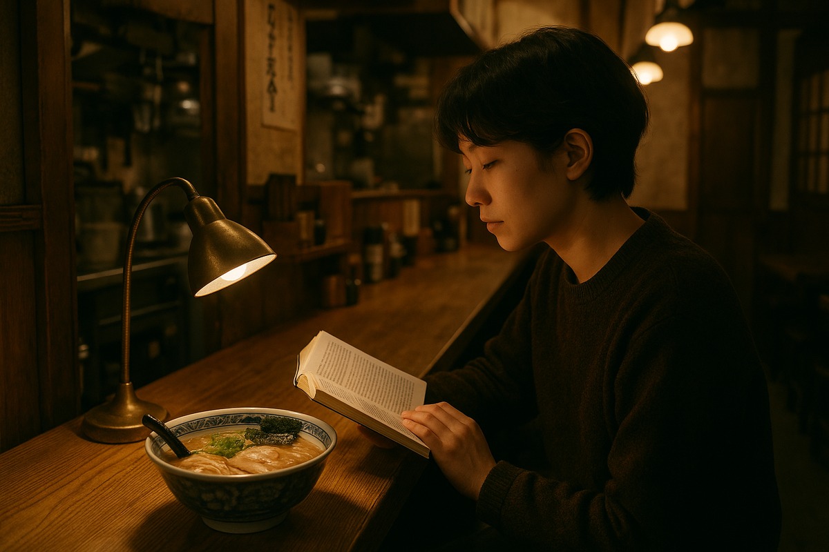 Solo diner at ramen counter with book