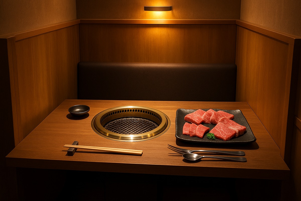 Individual yakiniku grill booth at solo dining restaurant