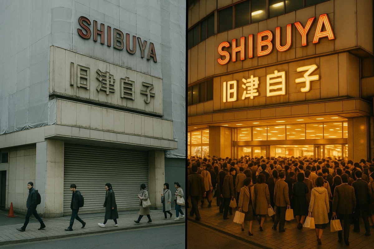 Shuttered large retail building in Shibuya surrounded by active street life
