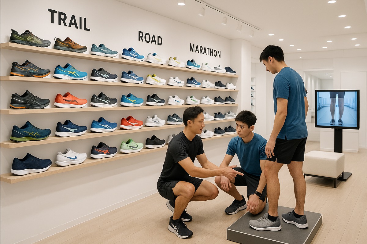 Japanese specialty running store interior with expert staff assisting a customer