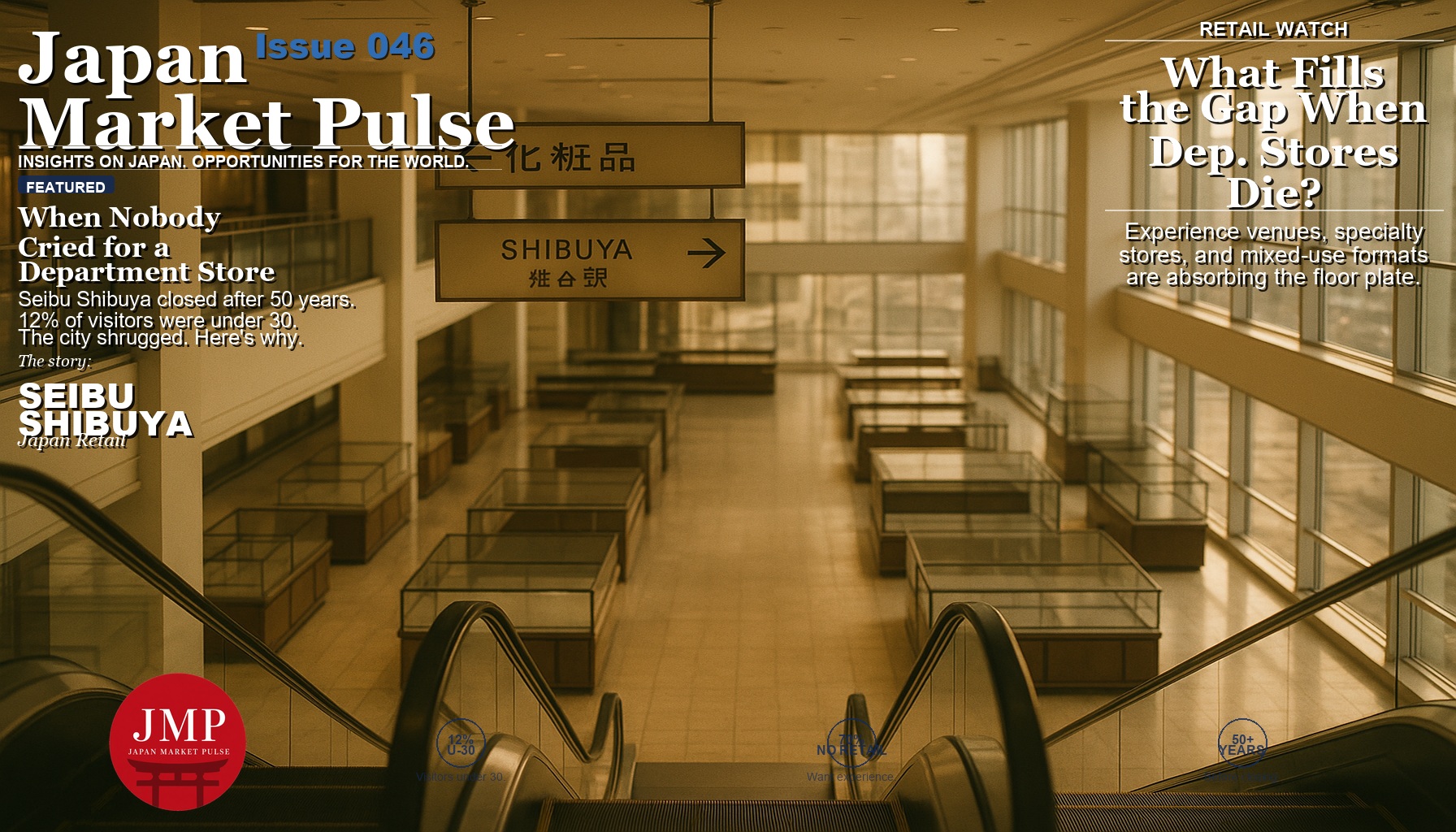 Empty Japanese department store floor in Shibuya — quiet, still, light filtering through large windows
