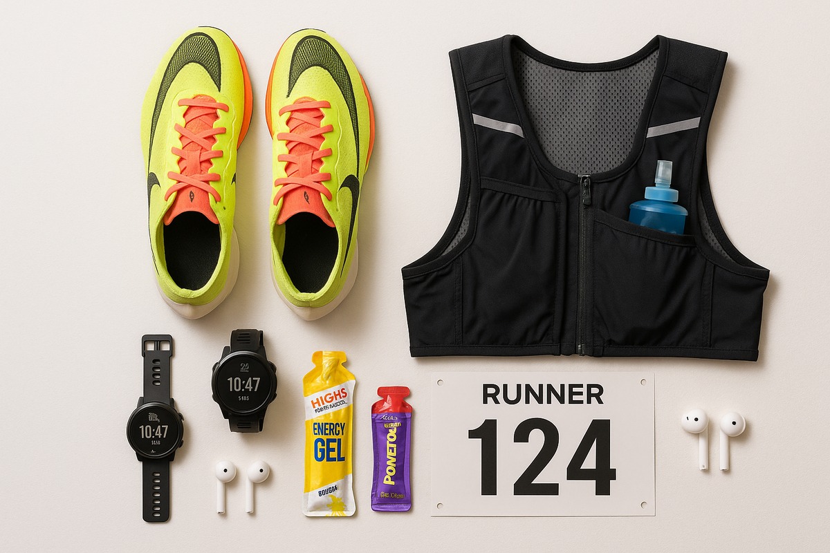 Runner's gear flat-lay: carbon-plated shoes, GPS watch, gels, race number