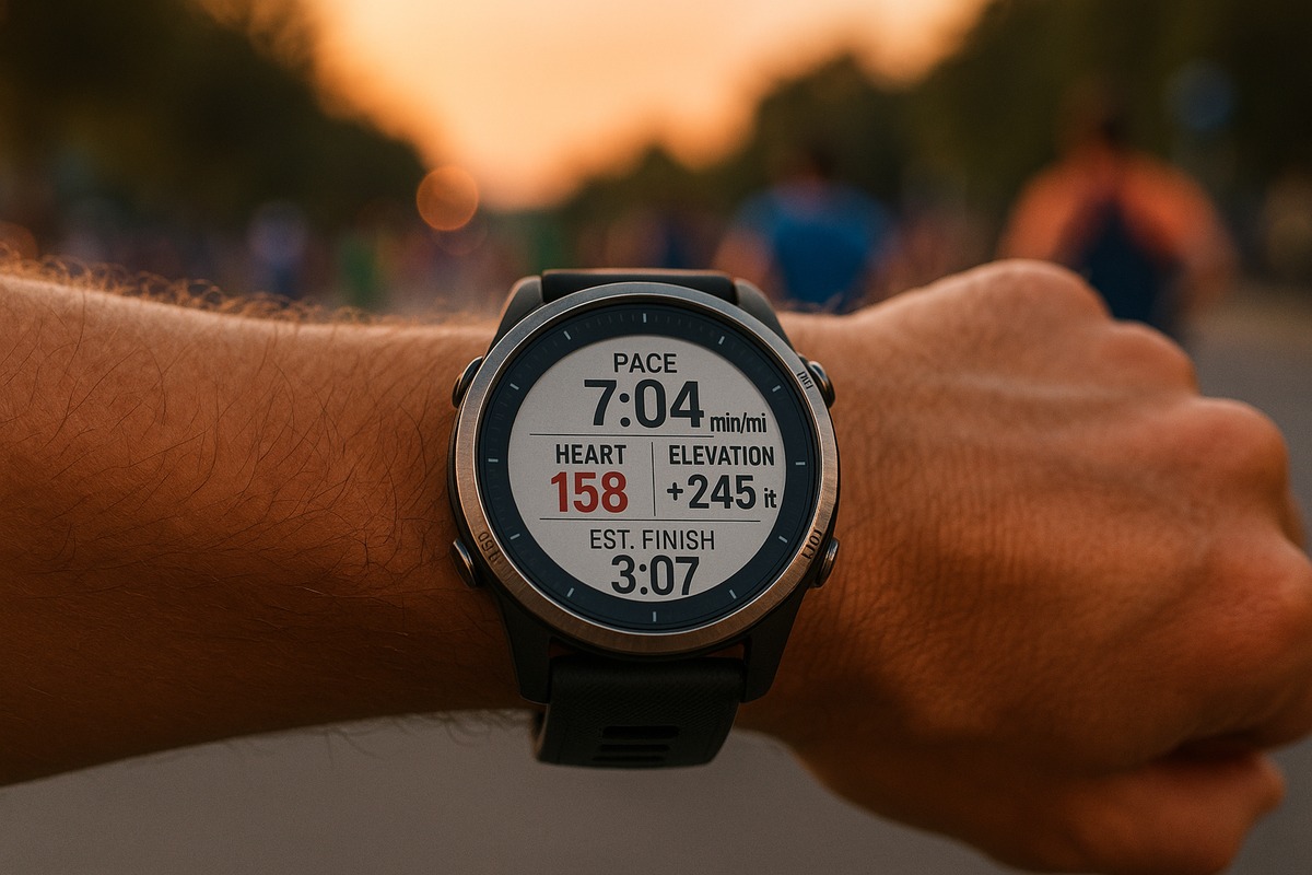 Premium GPS running watch on runner's wrist showing pace and race data