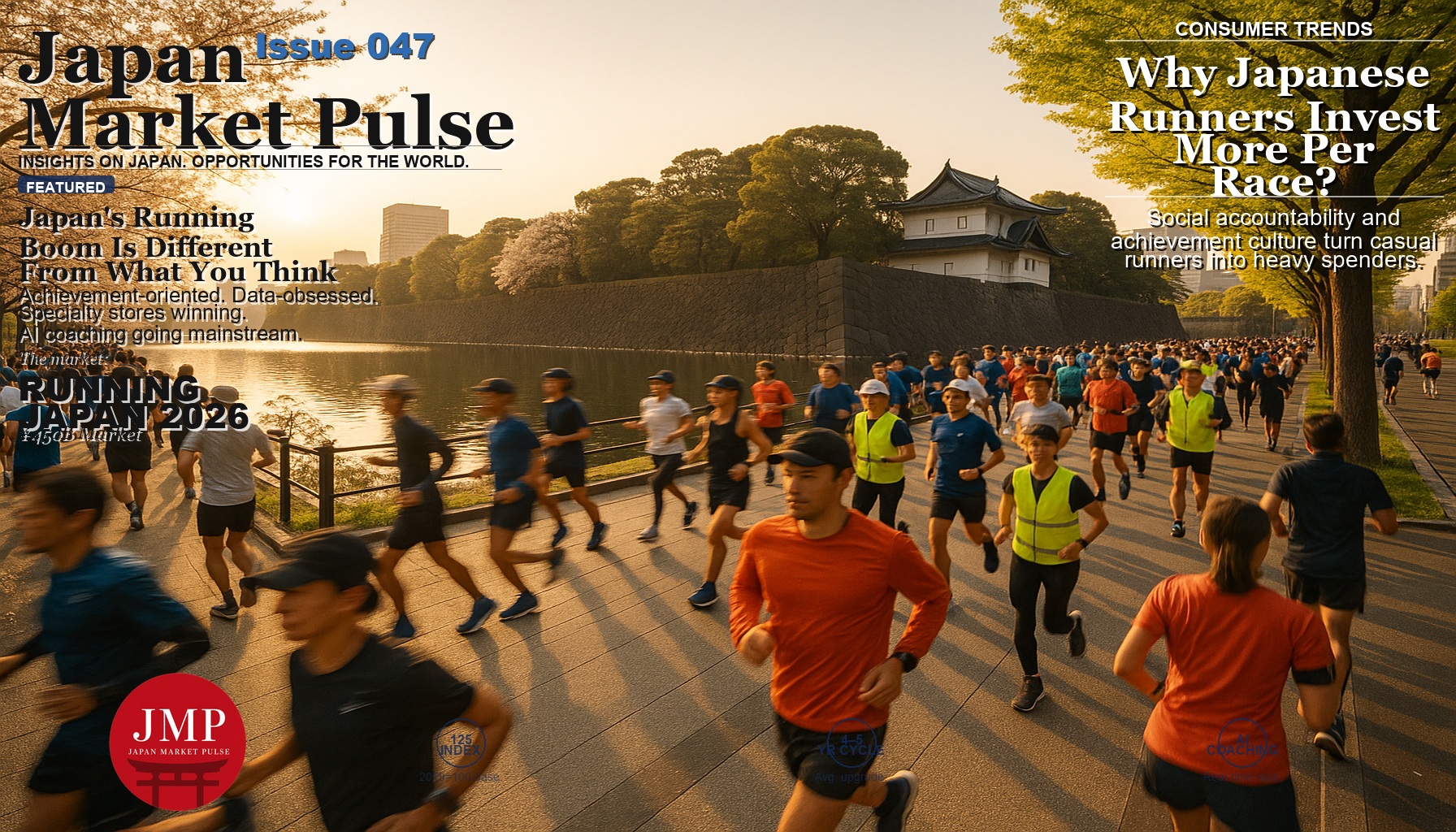 Early morning runners along Tokyo's Imperial Palace moat in golden light