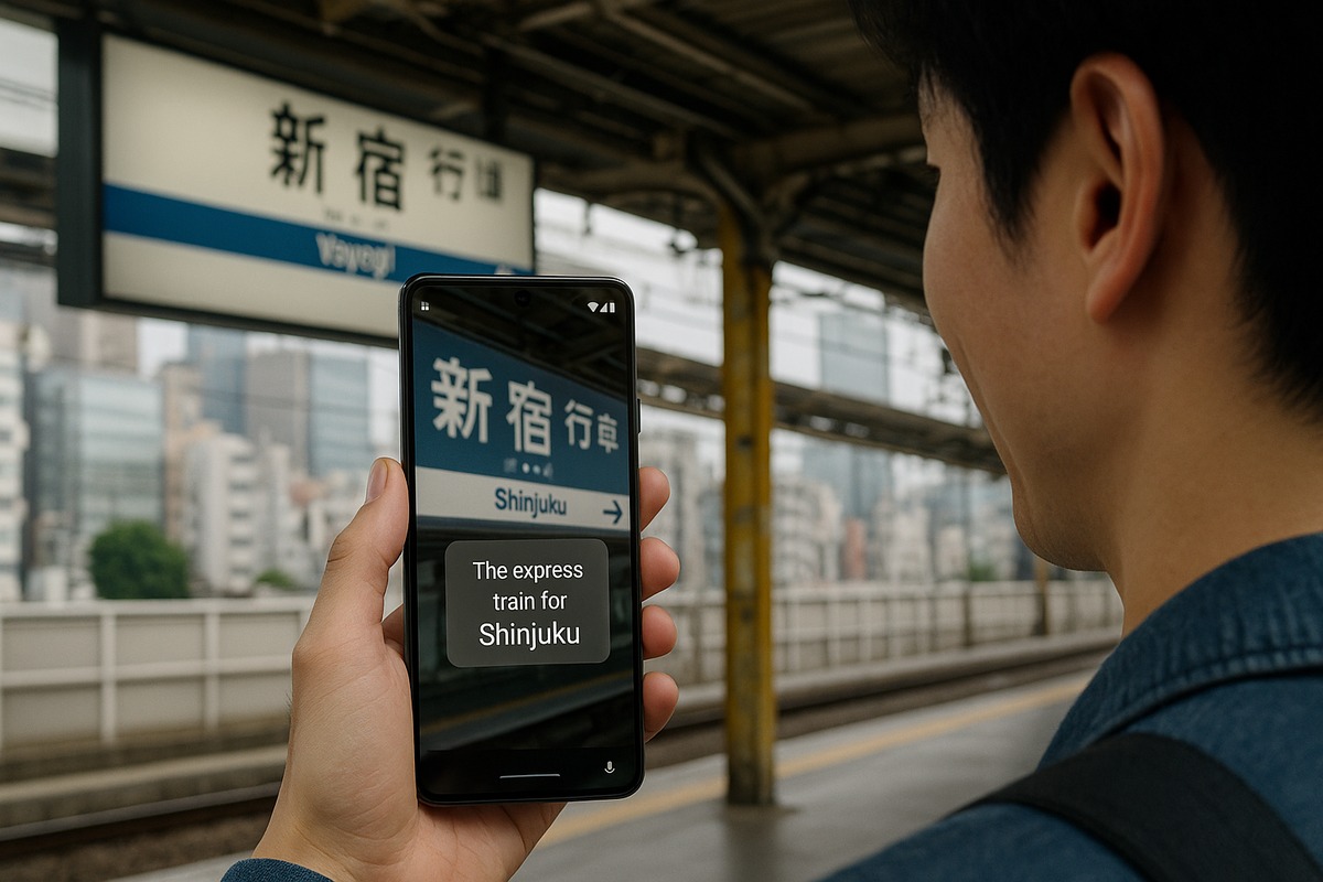 Person using Pixel phone live translation feature at Tokyo station