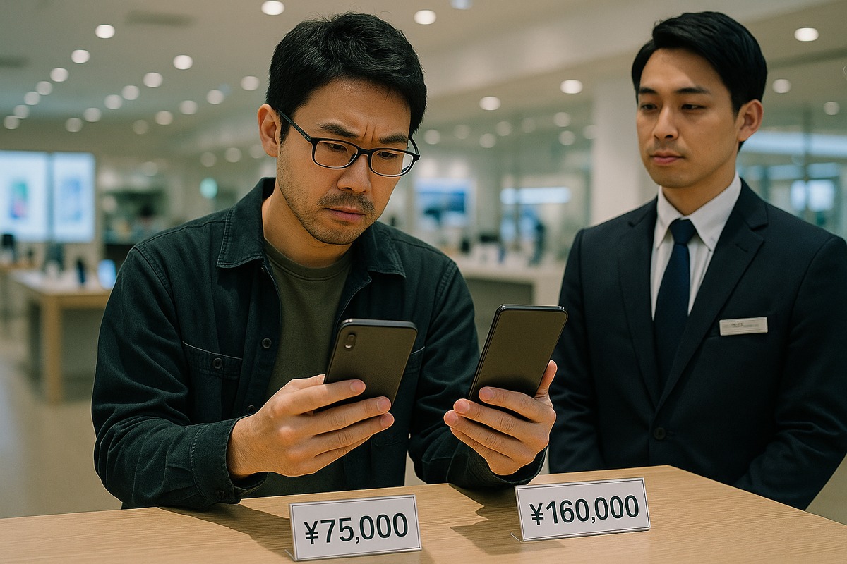 Japanese consumer comparing smartphone prices in carrier store