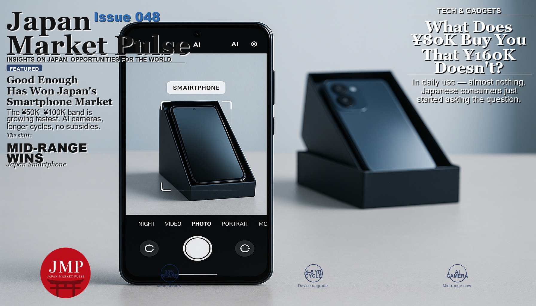 Mid-range Android smartphone active on desk with premium flagship sitting idle in background