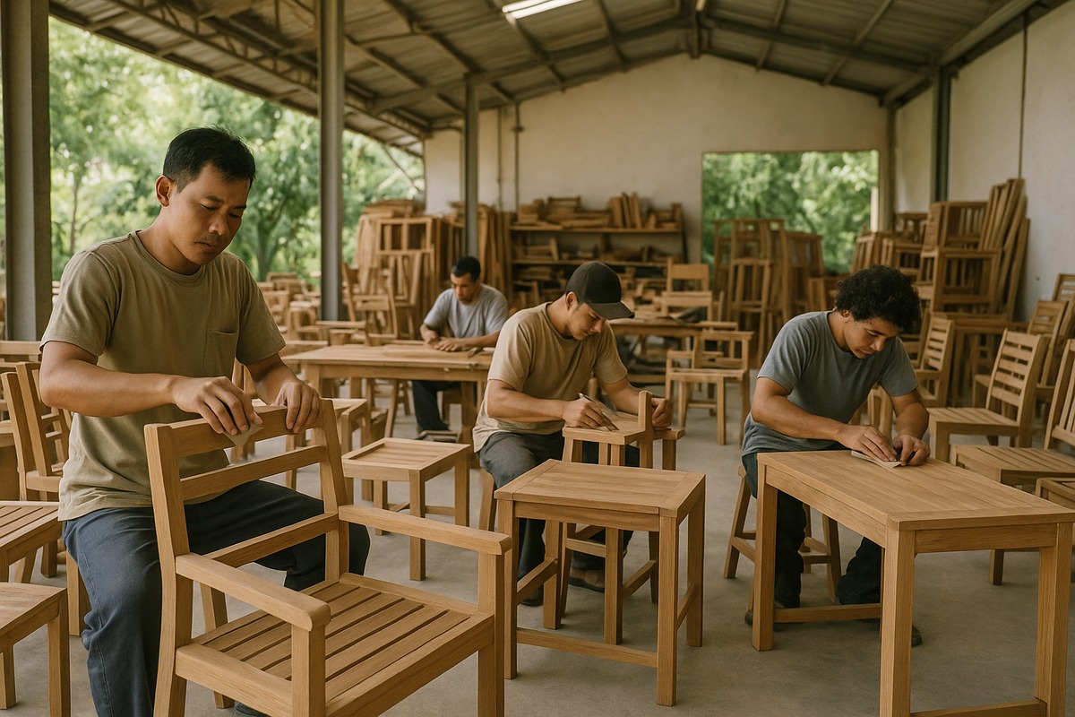 Balinese furniture workshop with craftspeople working on contemporary teak pieces